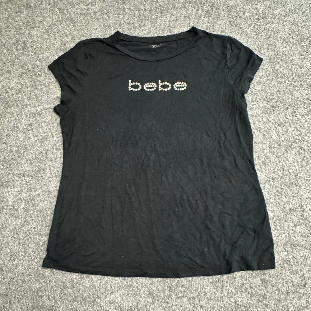 Bebe T-Shirt Womens Size L Black Rhinestone Logo Rayon Blend Stretch Y2K Top